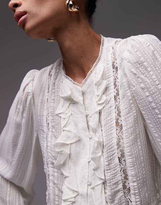 Mango lace insert ruffle blouse in white | ASOS