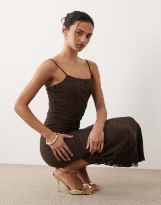 Mango Lace Midi Dress In Brown