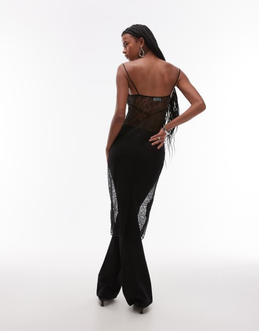 Mango lace overlay midi dress in black