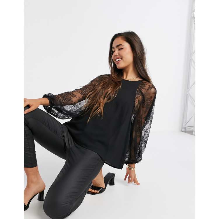 Mango lace sleeve blouse in black