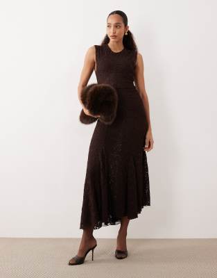 Mango Lace Sleeveless Asymmetric Hem Maxi Dress In Brown