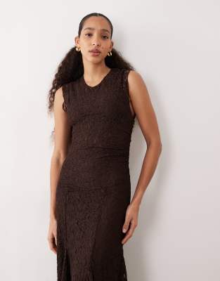 Mango Lace Sleeveless Asymmetric Hem Maxi Dress In Brown