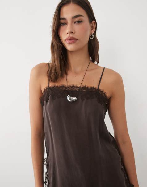 Mango lace trim cami top in brown - view 1
