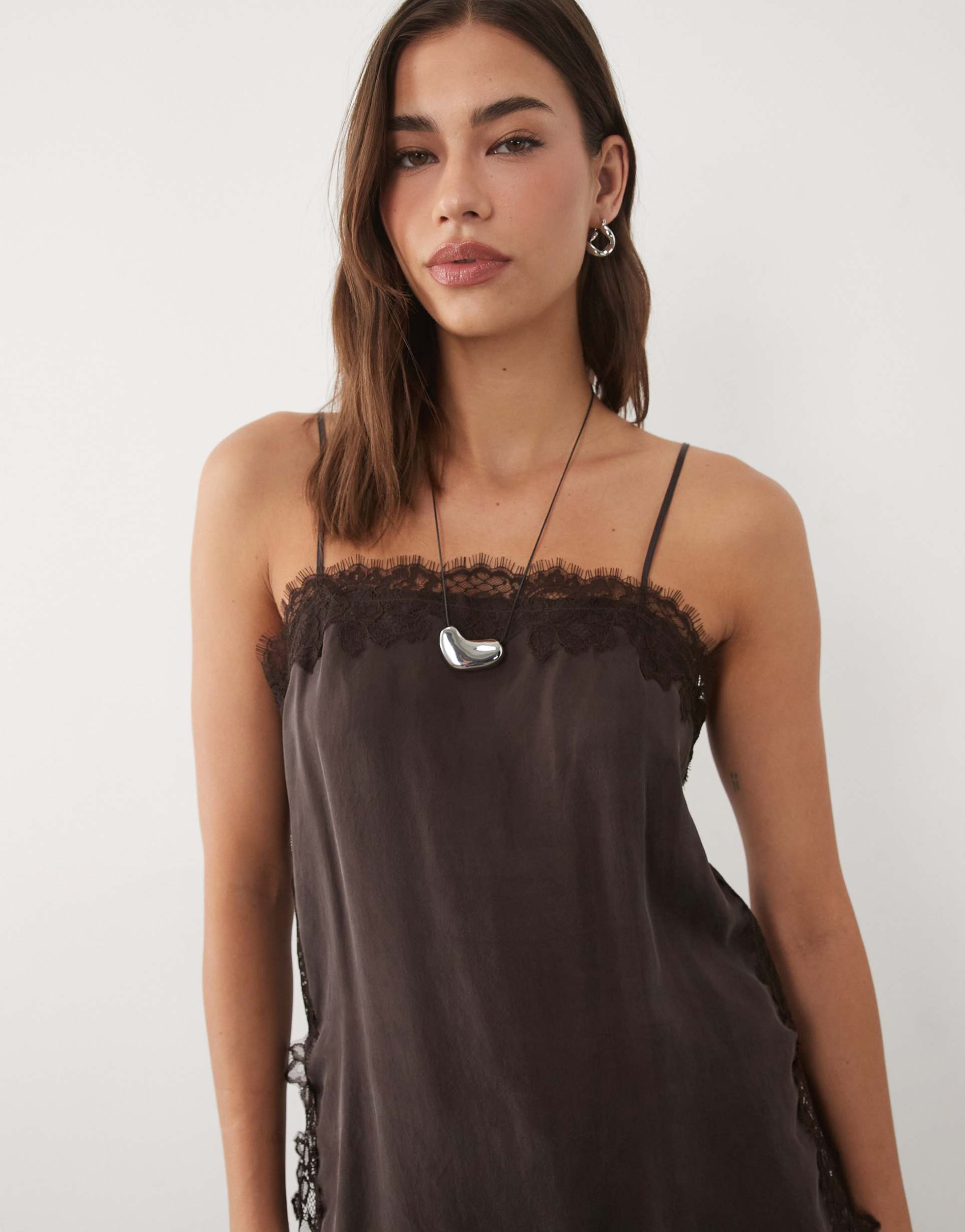 mango lace trim cami top in brown