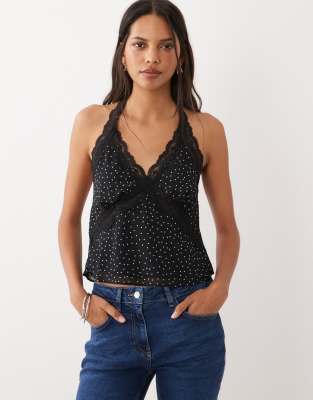 Mango Lace Trim Halterneck Top In Black