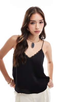 Mango Mango lace trim satin cami top in black