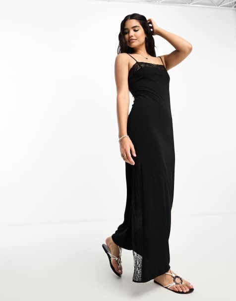 Mango lace trim square neck cami evening dress in black - view 1