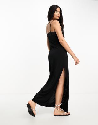 Mango lace trim square neck cami evening dress in black