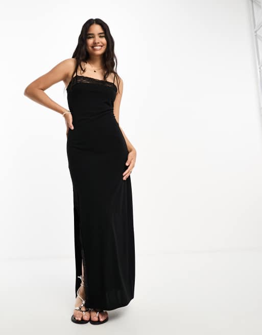 Mango Lace Trim Square Neck Cami Evening Dress in Black