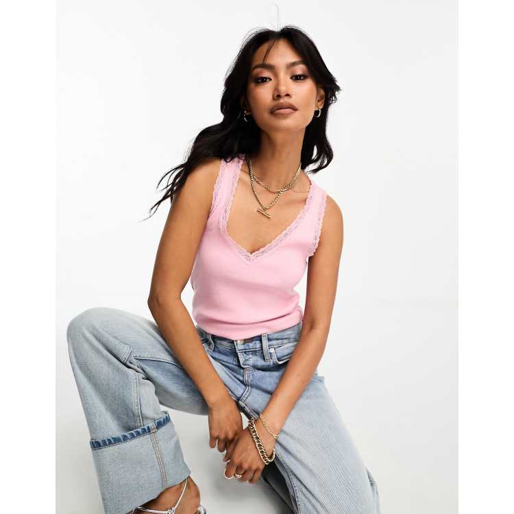Mango lace trim v-neck ballet tank top in pink | ASOS