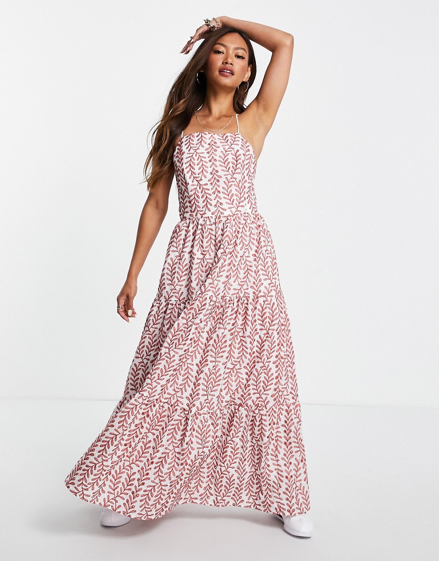 Mango lace up back floral printed maxi dress in red
