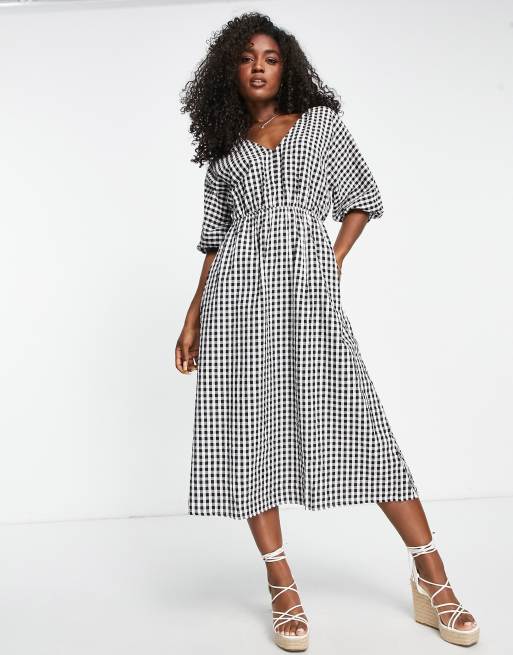 Mango lace up back puff sleeve midi dress in black gingham print | ASOS