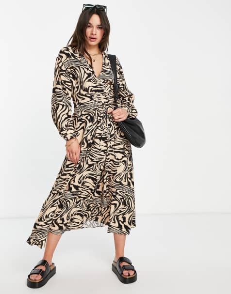 Mango lace up front midi dress in animal print - view 1