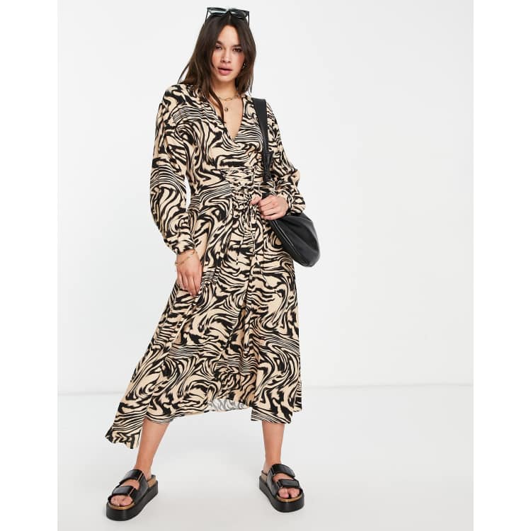 Mango lace up front midi dress in animal print