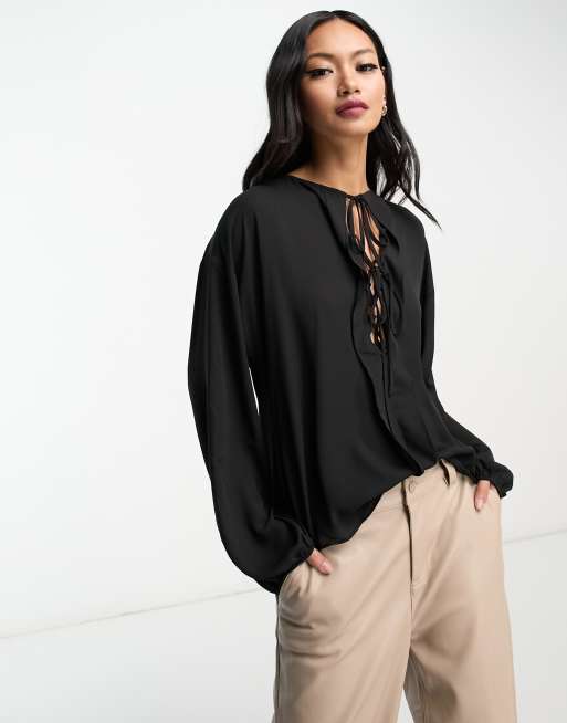 Mango lace up v neck blouse in black | ASOS