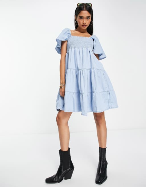 Mango - Lagdelt smock-minikjole med rynker i blå denim