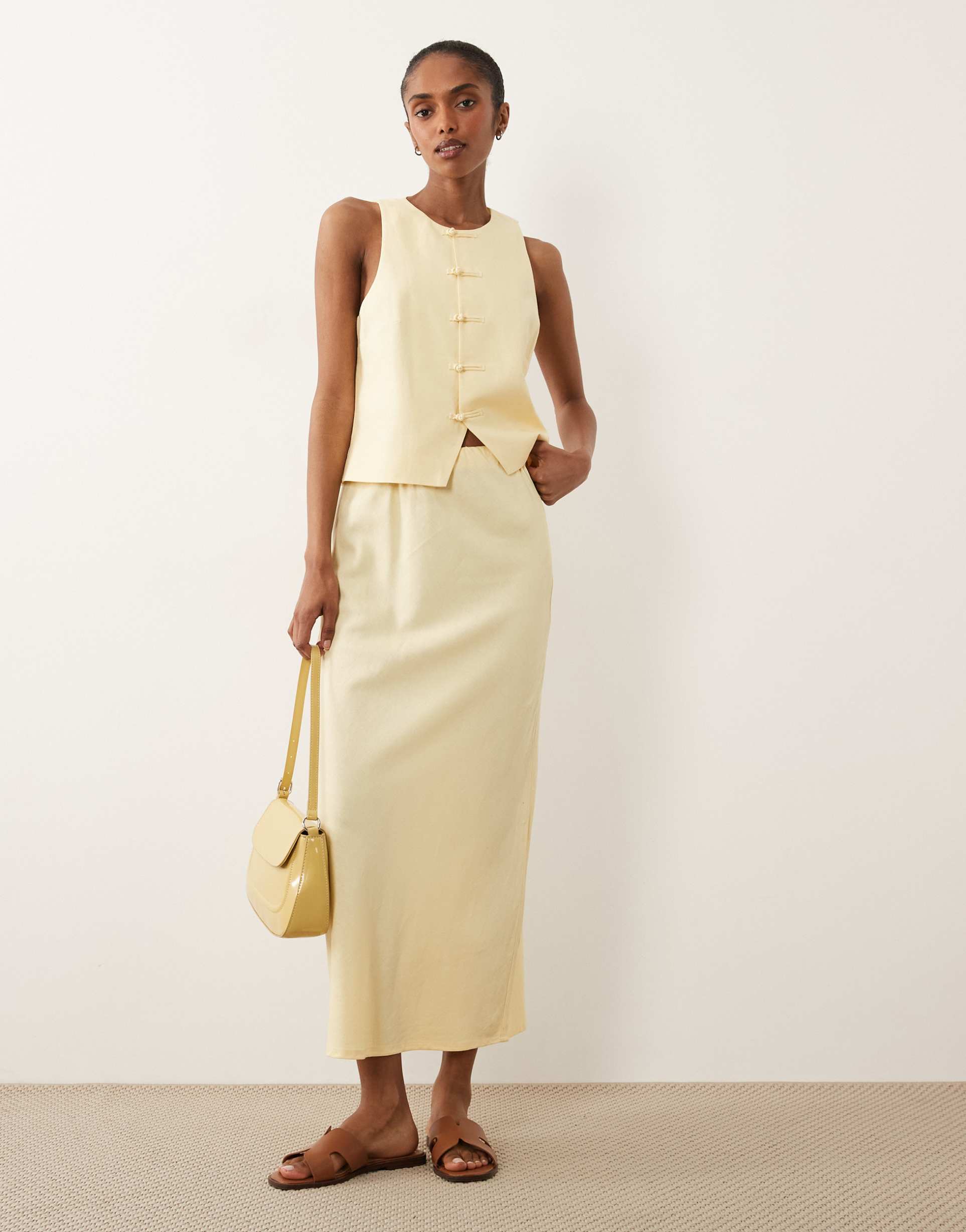 mango laguna linen mix column maxi skirt in butter yellow - part of a set