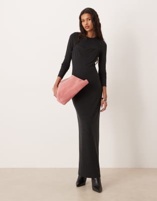 Mango - Langarm-Maxikleid aus Satin in Dunkelgrau mit Oberlage