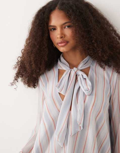 Mango – Langärmlige, fließende Bluse in Blau und Rosa gestreift - view 1