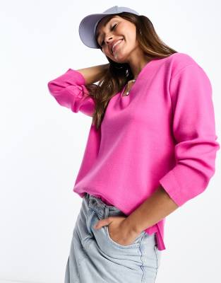 Mango - Langärmliger Pullover in Rosa mit V-Ausschnitt-Marineblau