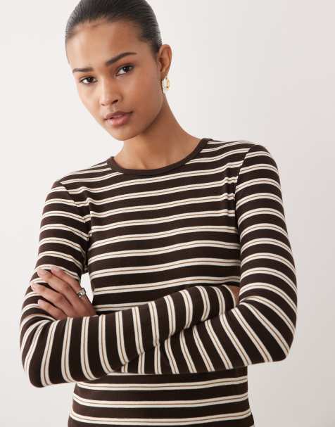 Mango – Langärmliges Baumwollmix-T-Shirt in Braun mit cremeweißen Streifen - view 1