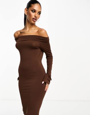 Mango- Langärmliges Bodycon-Midikleid in Braun mit umgeschlagenem Ausschnitt-Brown