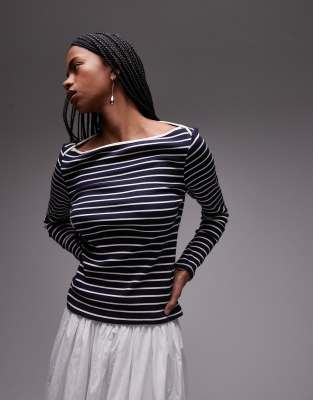 Mango - Langärmliges, gestreiftes T-Shirt in Marineblau mit U-Boot-Ausschnitt