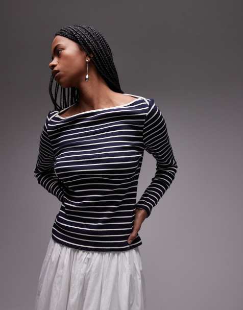 Mango – Langärmliges, gestreiftes T-Shirt in Marineblau mit U-Boot-Ausschnitt - view 1