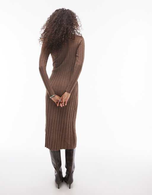 Mango – Langärmliges, hochgeschlossenes Midikleid in geripptem Braun, 4 von 4