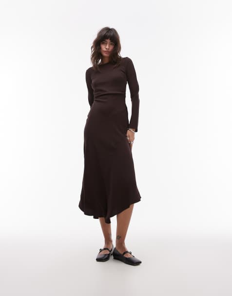 Mango – Langärmliges Maxikleid in Braun mit geraffter Taille - view 1