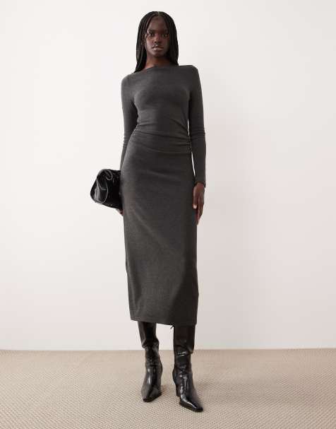 Mango – Langärmliges Maxikleid in Grau mit geraffter Taille und U-Boot-Ausschnitt - view 1