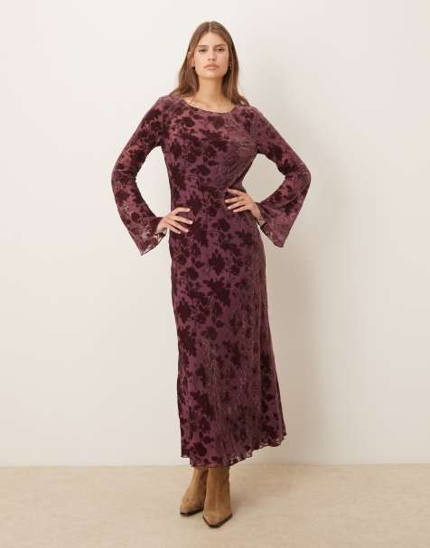 Mango – Langärmliges Midikleid in Dunkelrosa mit Samt-Blumenmuster - view 1