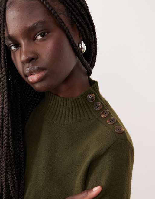 Mango – Langärmliges Mini-Strickkleid in Khaki mit Knopfdetail, 2 von 4