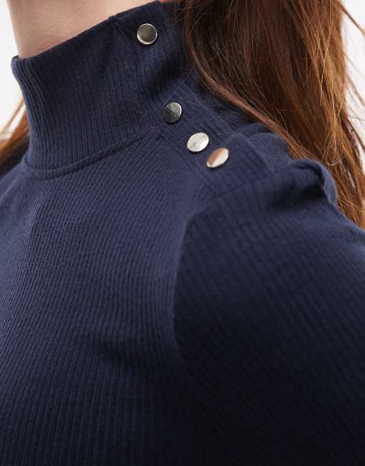 Mango – Langärmliges Oberteil in Marineblau mit Knopfdetail am Ausschnitt, 2 von 4