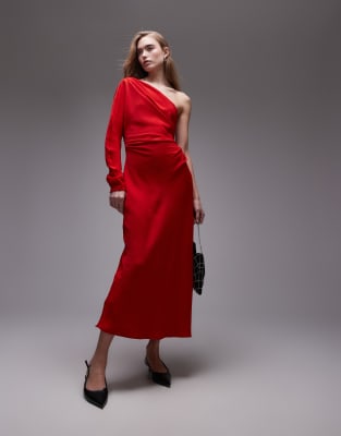 Mango - Langärmliges One-Shoulder-Maxikleid in Rot