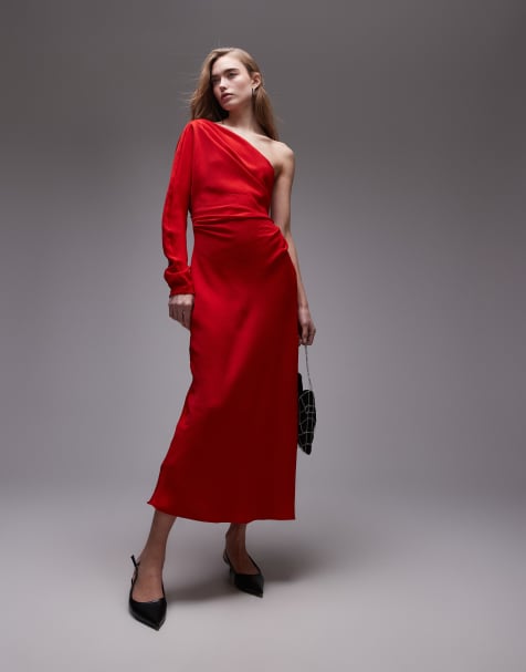 Mango – Langärmliges One-Shoulder-Maxikleid in Rot - view 1