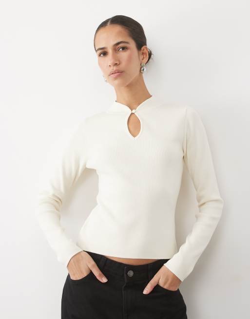 Mango langärmliges Stricktop mit Schlüssellochausschnitt in Cremeweiß, 2 von 4