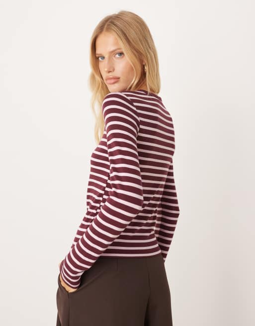 Mango – Langärmliges T-Shirt aus Baumwollmix mit Streifen in Rosa und Burgunderrot, 3 von 4