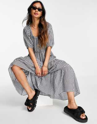 jeugd Op tijd Lauw Mango - Lange aangerimpelde jurk met gingham ruit in zwart-wit | ASOS