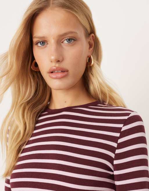 Mango - Langærmet T-shirt med lyserøde/bordeaux striber i bomuldsblanding, 4 af 4