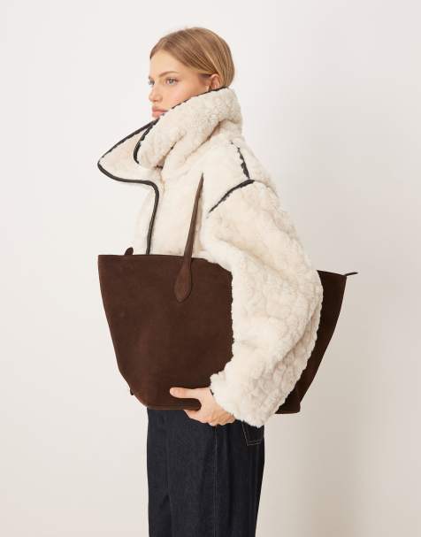 Mango large 100% suede tote bag in brown - view 1