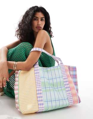 Mango large mixed check shopper bag in multi