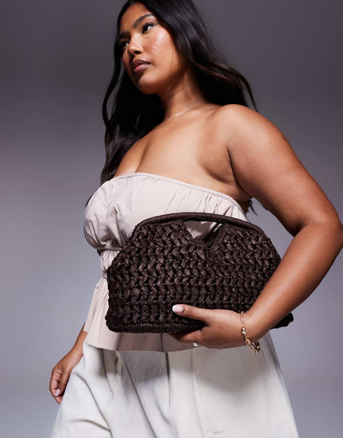 Mango large raffia clutch bag in brown