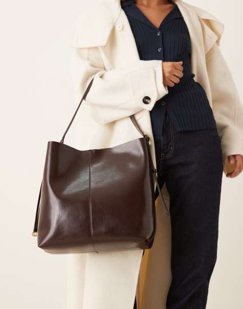 Mango large shoulder bag in dark brown - view 1