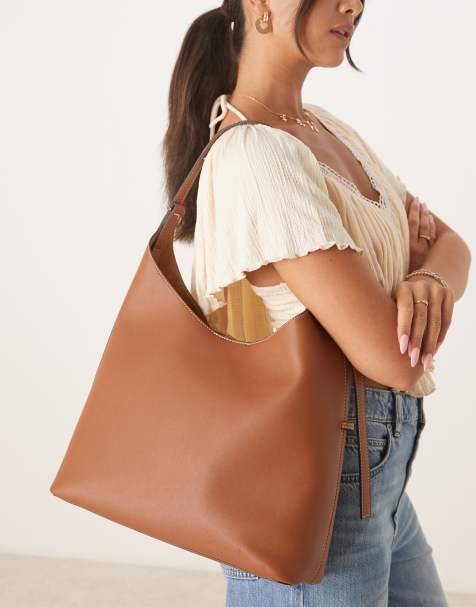 Mango large shoulder bag with adjustable straps in tan - view 1