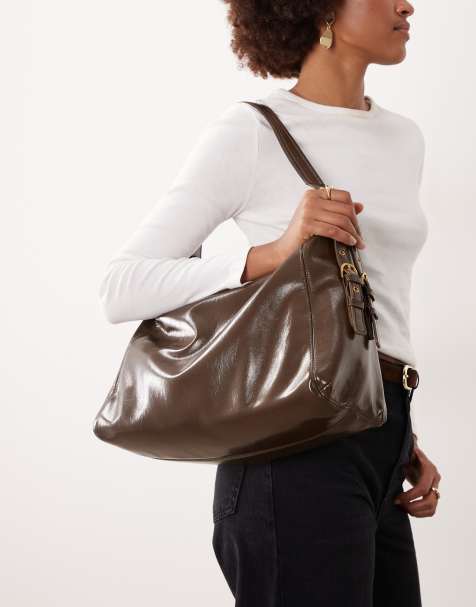 Mango large shoulder bag with buckle detailing in brown - view 1