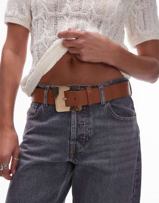Mango Large Square Buckle Leather Belt In Brown