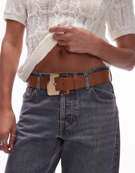 Mango large square buckle leather belt in brown - view 1