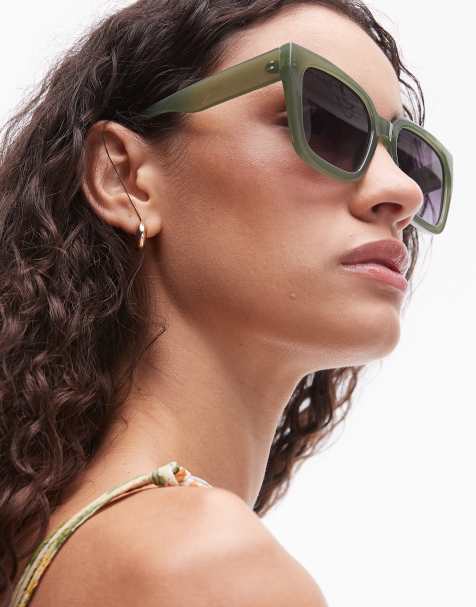 Mango large square frame sunglasses in sage green - view 1