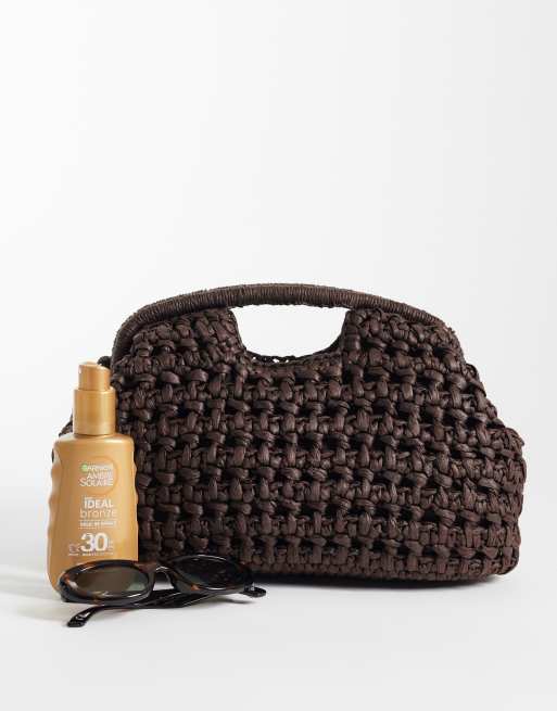 Mango large woven clutch bag in brown, 2 of 4